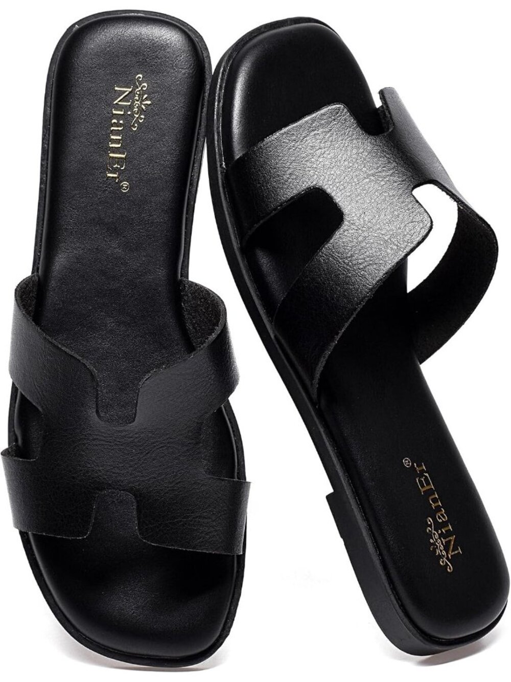 NianEr Women's Black Leather Comfortable Casual Summer Flats Sandals Shoes